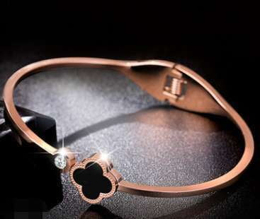 Clover Charm Jewelry, Open Alloy Bangle, Rose Gold Bracelet - available at Sparq Mart