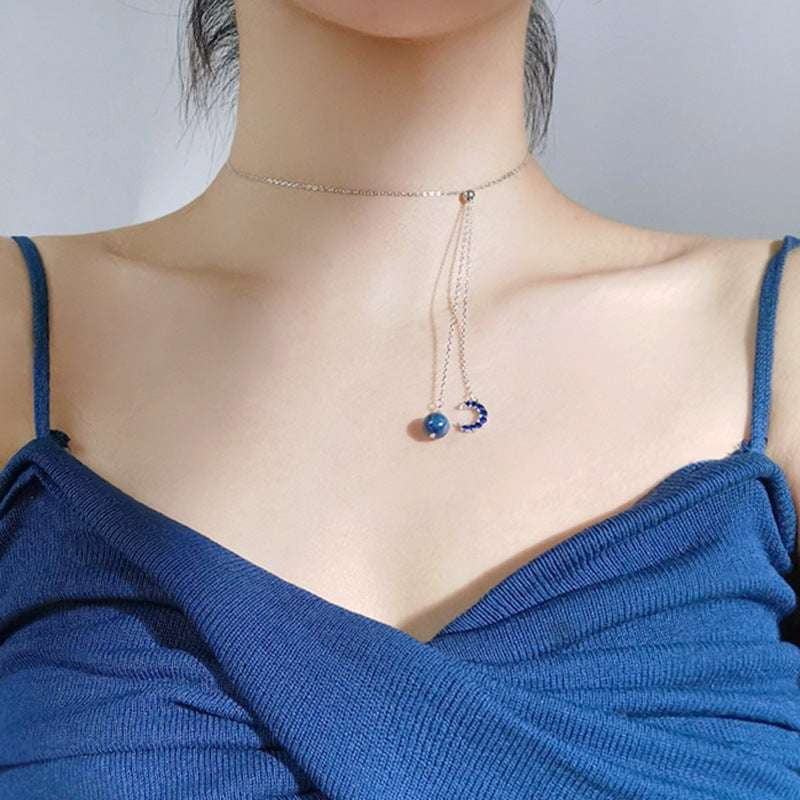 Adjustable Silver Necklace, Silver Clavicle Chain, Zircon Moon Necklace - available at Sparq Mart