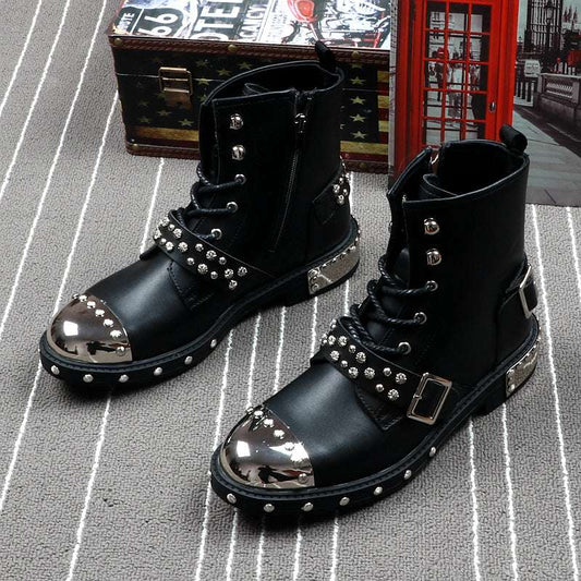 Black Studded Boots, Flat Heel Boots, Men's Martin Boots - available at Sparq Mart
