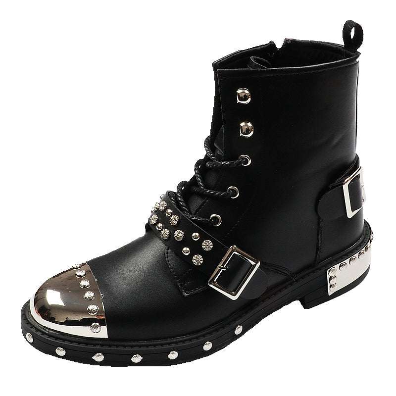 Black Studded Boots, Flat Heel Boots, Men's Martin Boots - available at Sparq Mart