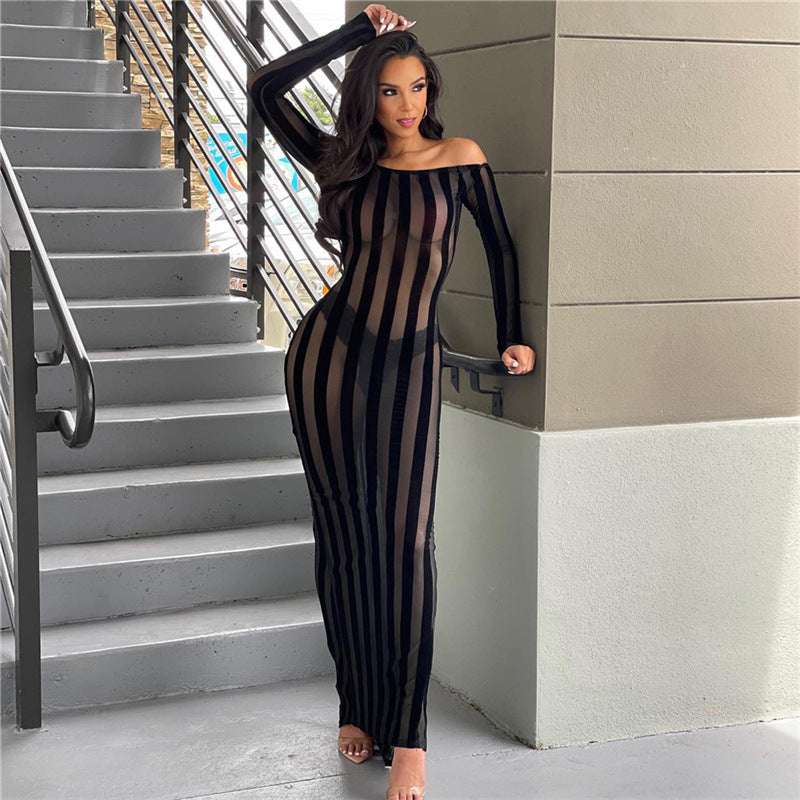 Elegant Women's Dress, Fashionable Slim Dress, Stunning Striped Dress - available at Sparq Mart