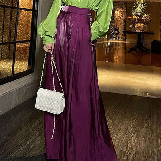 Breathable Satin Pants, Purple Satin Trousers, Satin Wide-Leg Pants - available at Sparq Mart