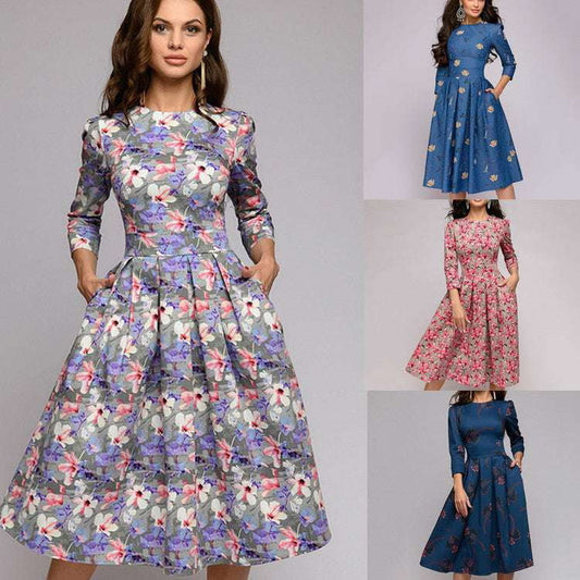 Autumn Fashion Dress, Printed Swing Dress, Three-Quarter Sleeve Dress - available at Sparq Mart