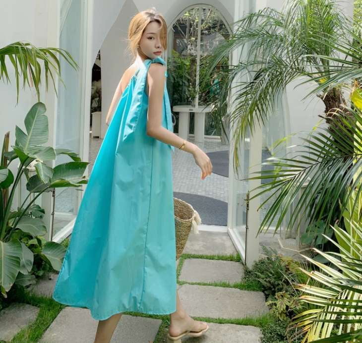 Blue Cotton Blend Dress, Off-Shoulder Fairy Dress, Sweet Style Beach Dress - available at Sparq Mart