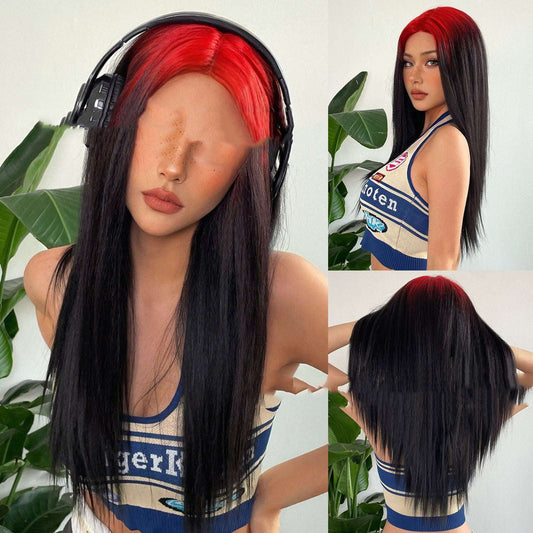 Gradient Straight Wig, Mid-Length Lace Wig, Red Black Hairpiece - available at Sparq Mart