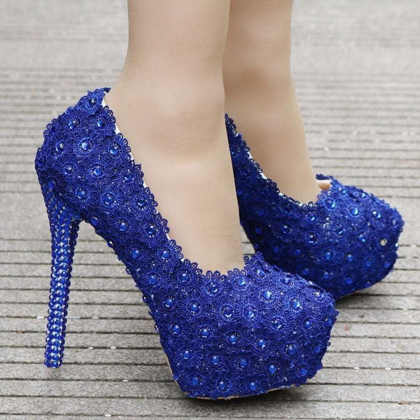 Blue Bridal Footwear, Bridal Lace Heels, Rhinestone Wedding Pumps - available at Sparq Mart