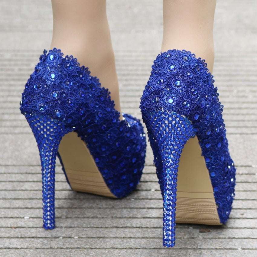 Blue Bridal Footwear, Bridal Lace Heels, Rhinestone Wedding Pumps - available at Sparq Mart