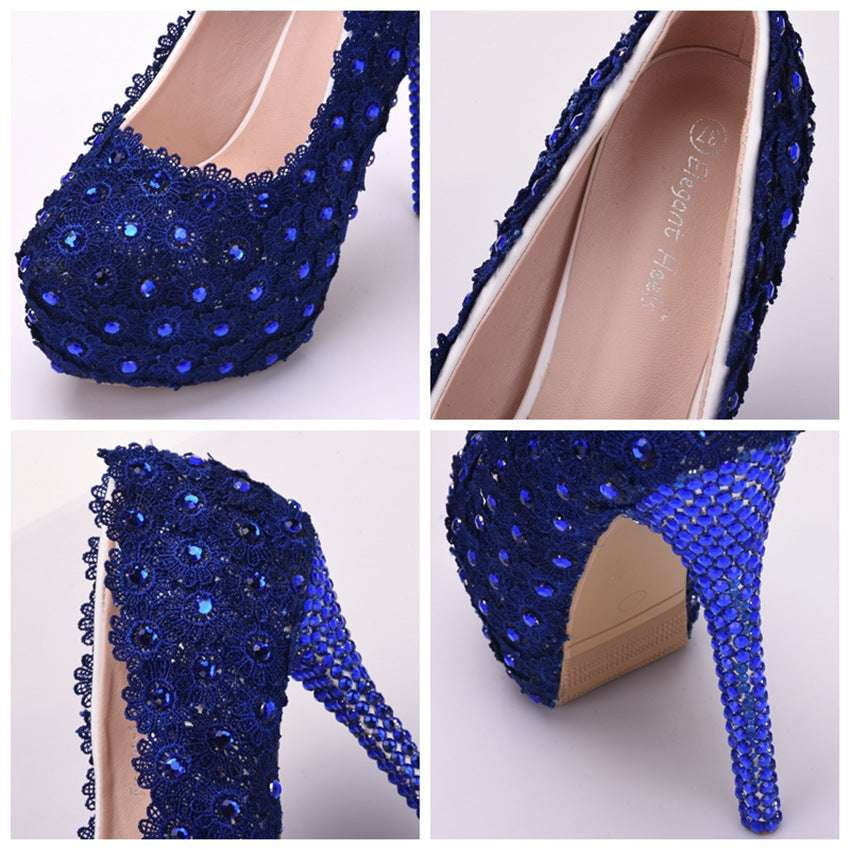 Blue Bridal Footwear, Bridal Lace Heels, Rhinestone Wedding Pumps - available at Sparq Mart