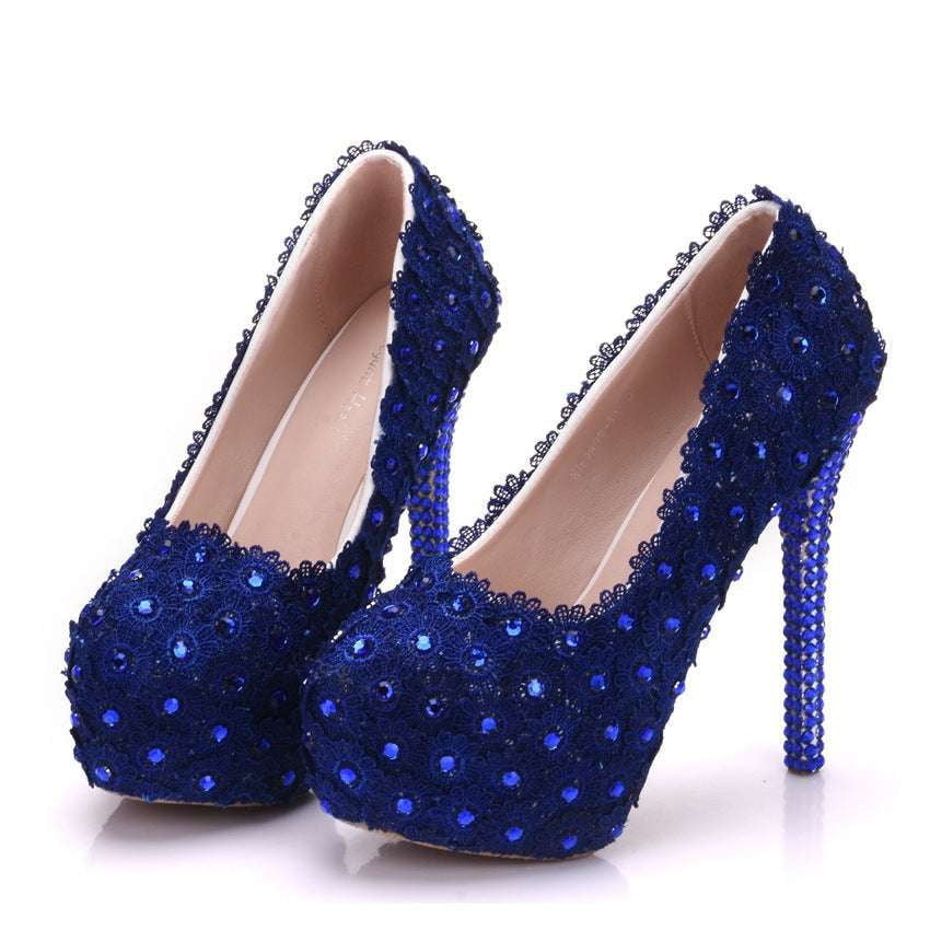 Blue Bridal Footwear, Bridal Lace Heels, Rhinestone Wedding Pumps - available at Sparq Mart