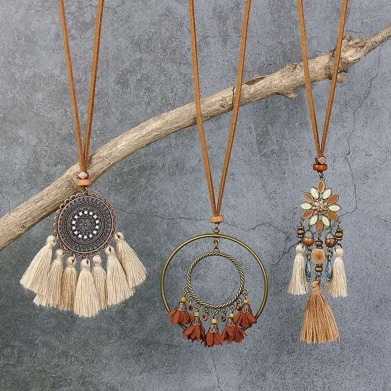 Bohemian Pendant Set, Ethnic Style Jewelry, Tassel Flower Necklace - available at Sparq Mart