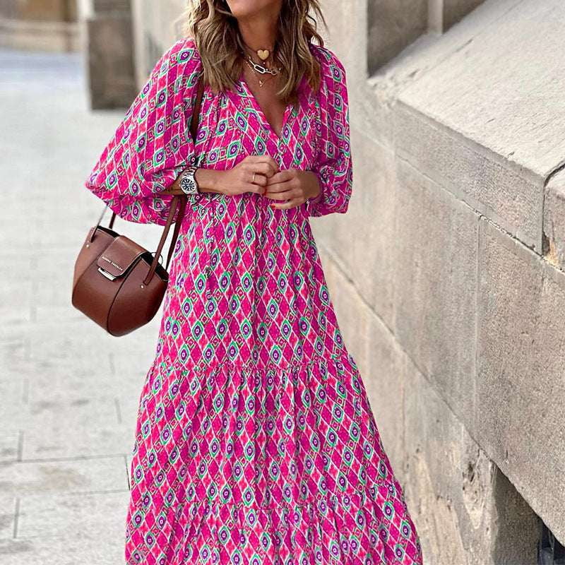 boho summer dress, lantern sleeve dress, v neck bohemian - available at Sparq Mart