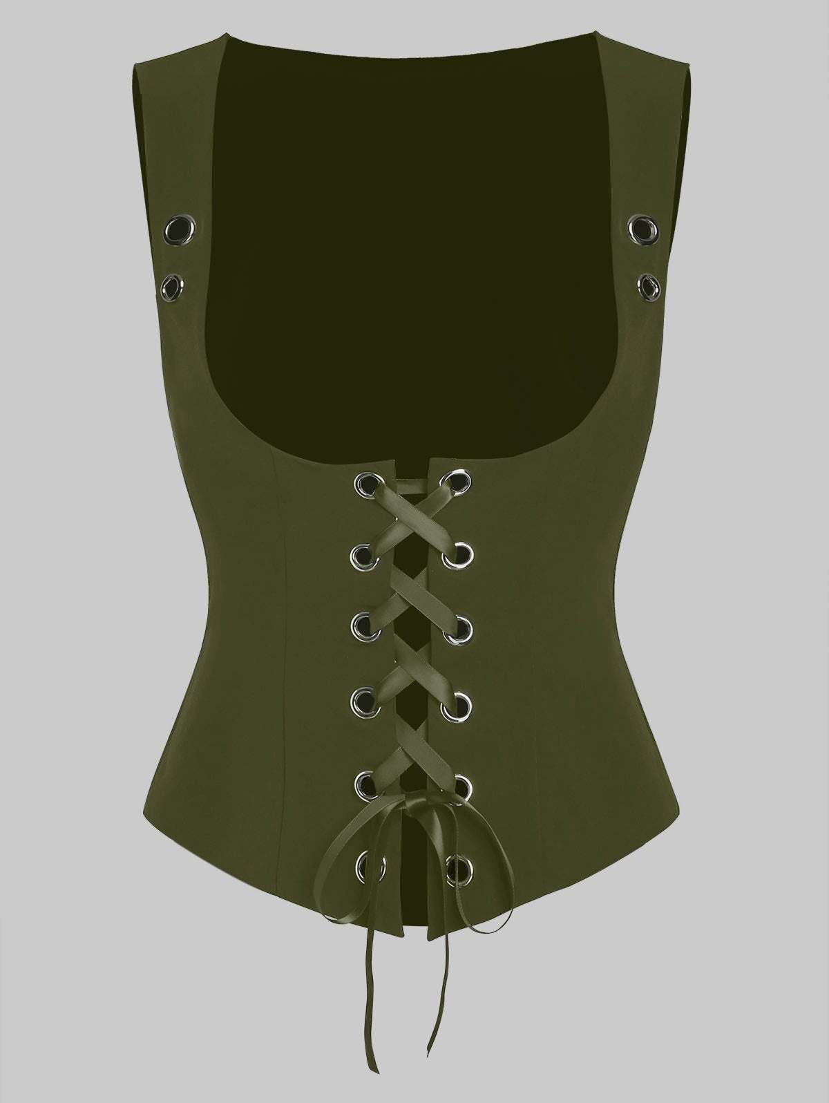 Army Green Vest Outfit, Elegant Lace-Up Vest, Women’s Short Sleeve Top - available at Sparq Mart
