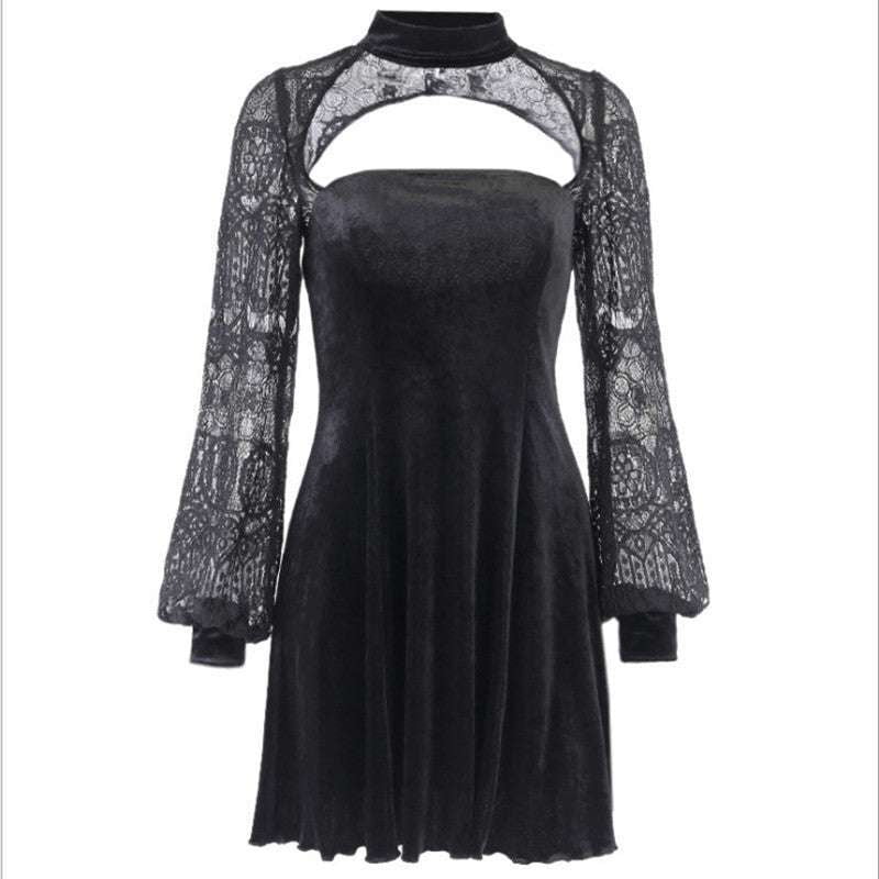 black pleated mini dress, elegant long sleeve dress, round neck casual dress - available at Sparq Mart