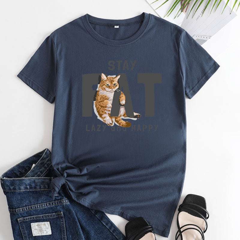 Cat Print fashion, Loose Cat T-Shirt, Women's Cotton tops - available at Sparq Mart