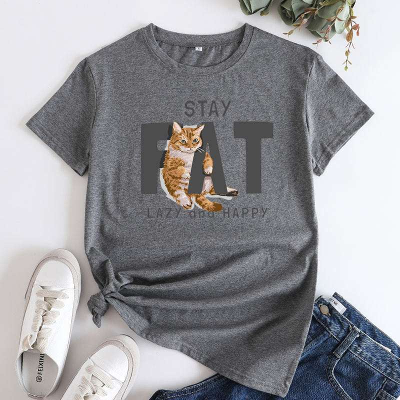 Cat Print fashion, Loose Cat T-Shirt, Women's Cotton tops - available at Sparq Mart