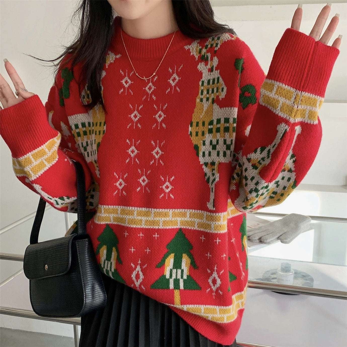 Casual Winter Fashion Wear, Christmas Fawn Red Sweater, Festive Holiday Ladies Top - available at Sparq Mart