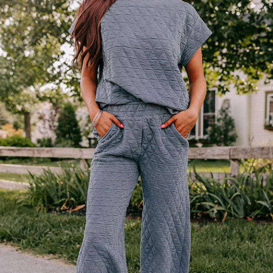 Casual Solid Tracksuit, Quilted Pantsuit Cropped, Thread Detail Loungewear. - available at Sparq Mart