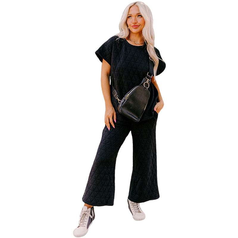 Casual Solid Tracksuit, Quilted Pantsuit Cropped, Thread Detail Loungewear. - available at Sparq Mart