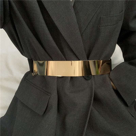 Elastic Dress Belt, Glossy Metal Waistband, Gold Silver Belt - available at Sparq Mart