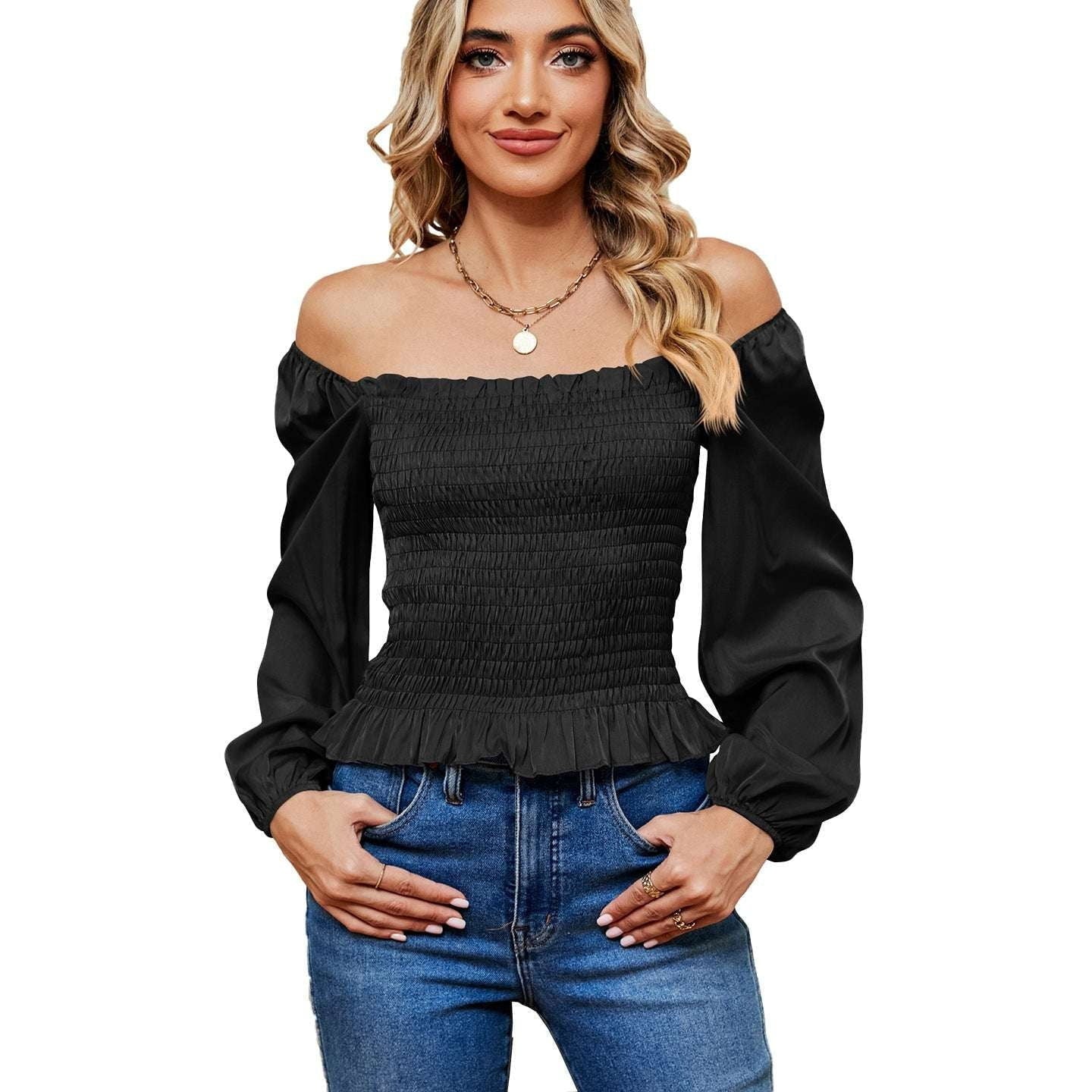 elegant long sleeve., off-shoulder slim top, square collar blouse - available at Sparq Mart