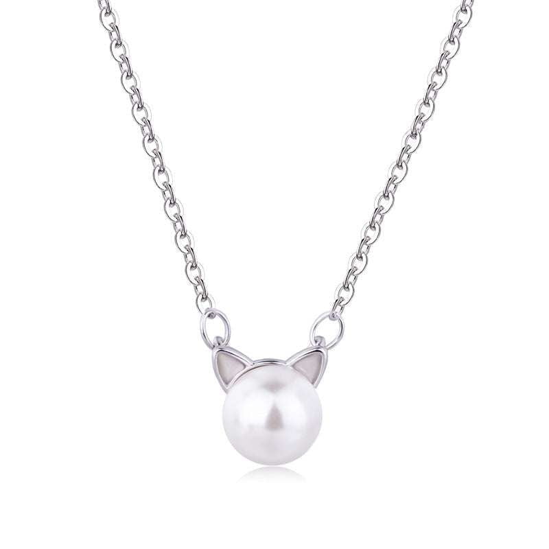 Elegant Clavicle Chain, Pearl Cat Necklace, Temperament Kitten Necklace - available at Sparq Mart