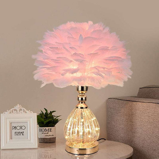 bedside feather light, pink feather lamp, unique bedside lamp - available at Sparq Mart