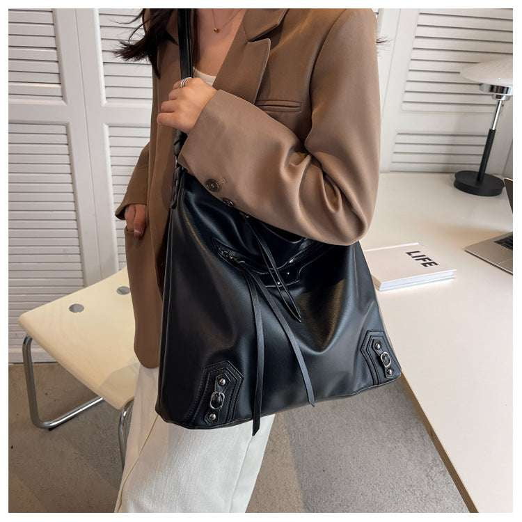 PU leather shoulder bag, stylish sewing tote bag, women's magnetic buckle bag - available at Sparq Mart
