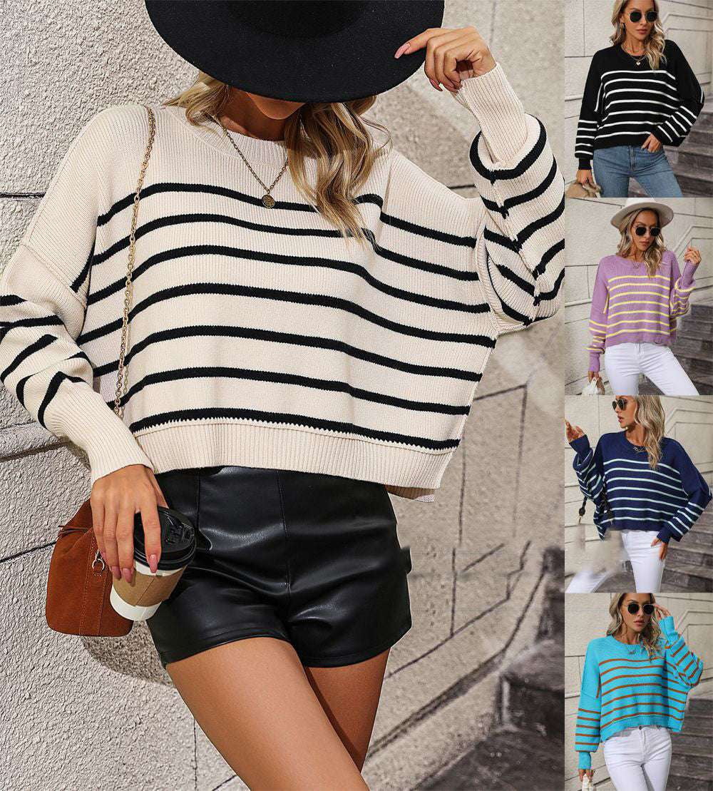 Fashion Knit Sweater, Loose Fit Sweater., Women's Stripe Pullover - available at Sparq Mart