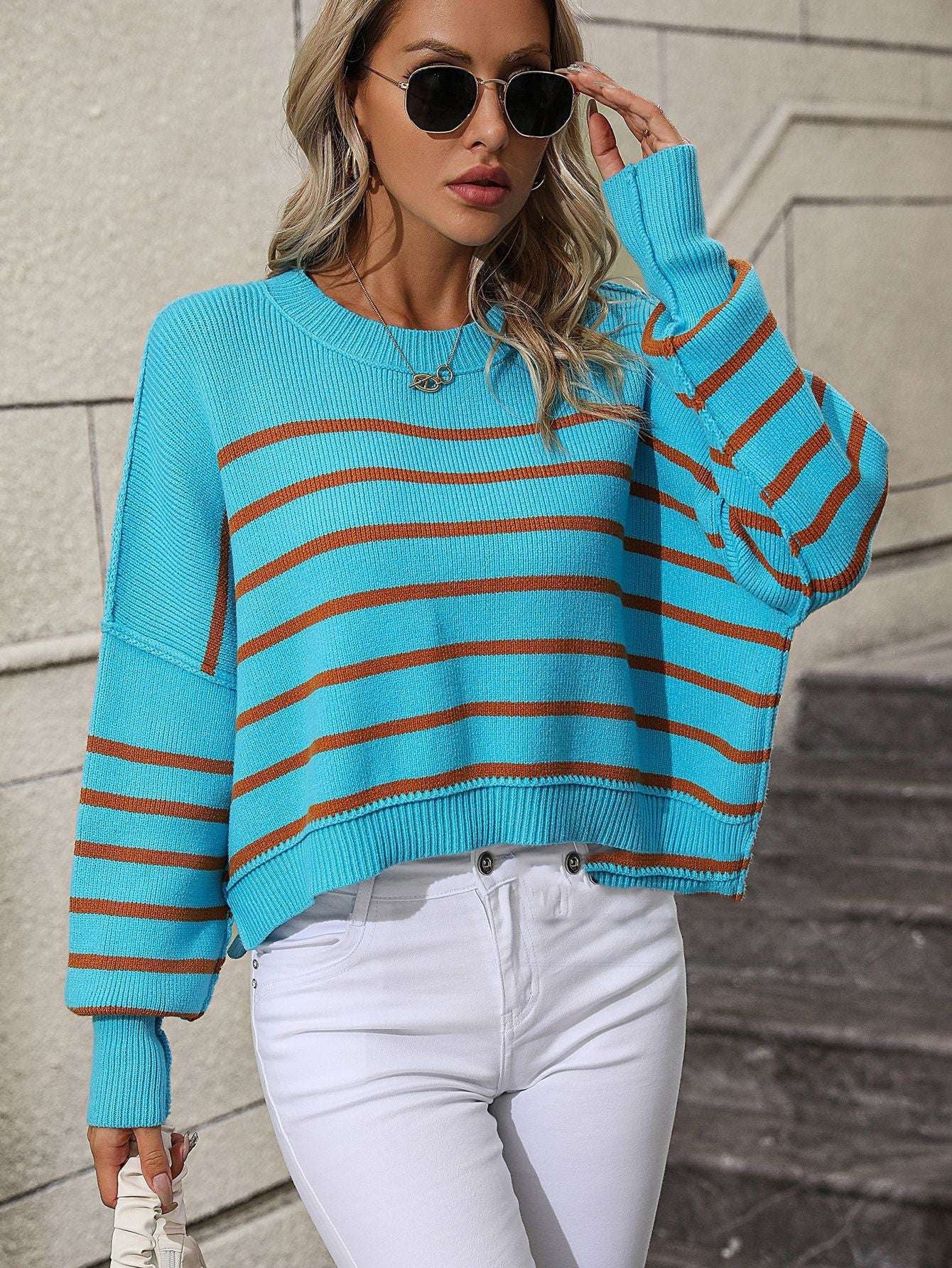 Fashion Knit Sweater, Loose Fit Sweater., Women's Stripe Pullover - available at Sparq Mart