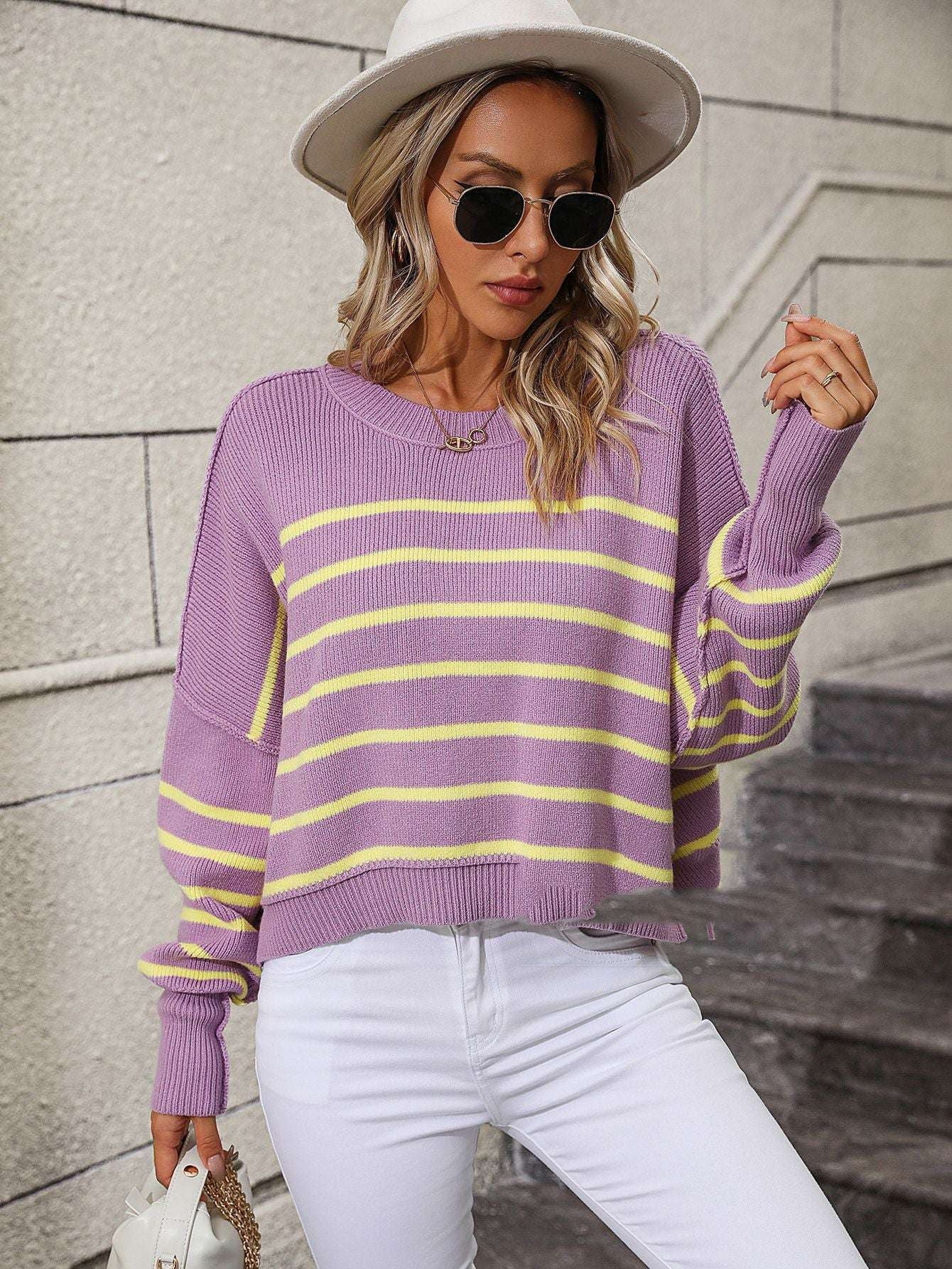 Fashion Knit Sweater, Loose Fit Sweater., Women's Stripe Pullover - available at Sparq Mart