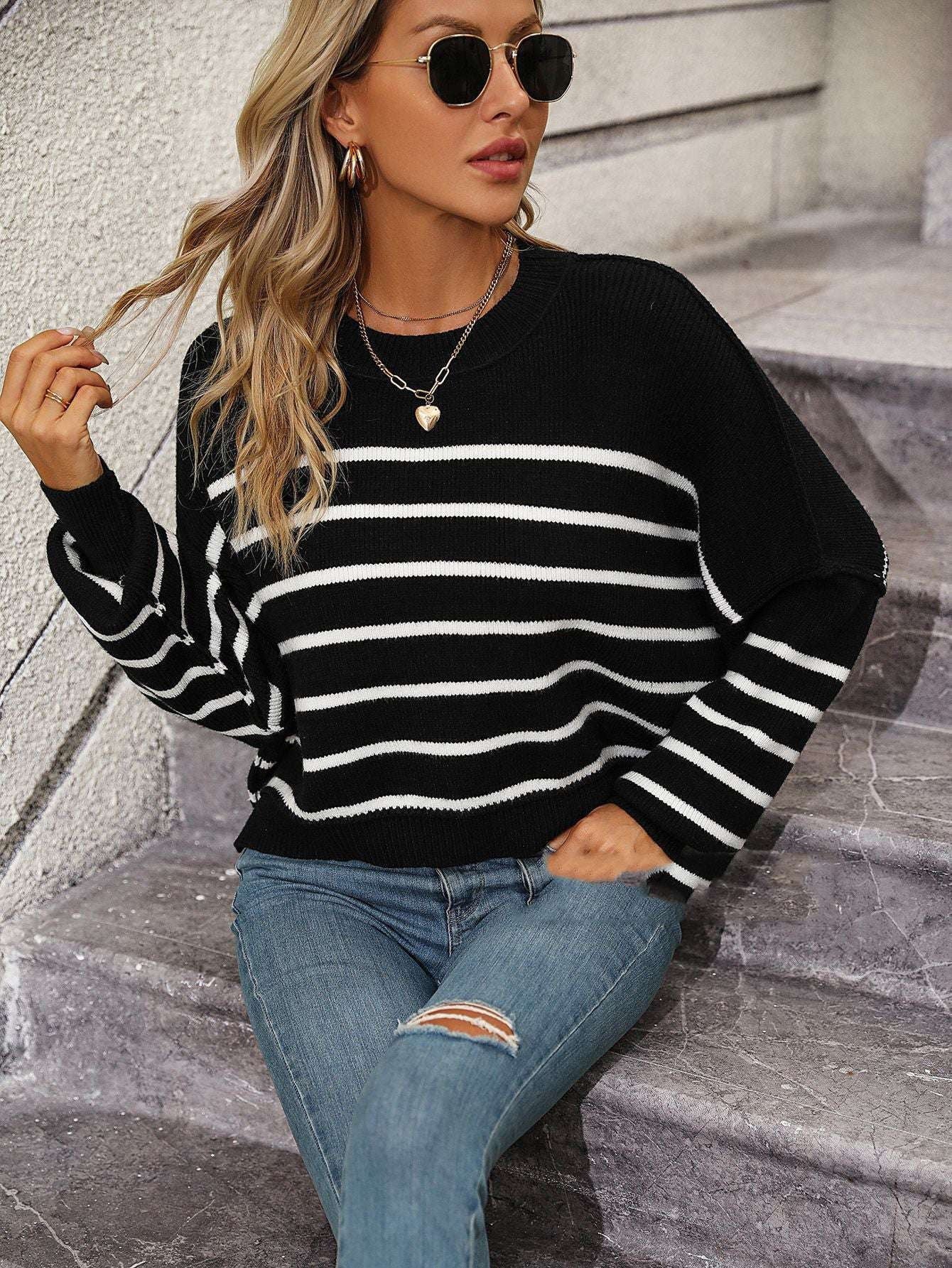 Fashion Knit Sweater, Loose Fit Sweater., Women's Stripe Pullover - available at Sparq Mart