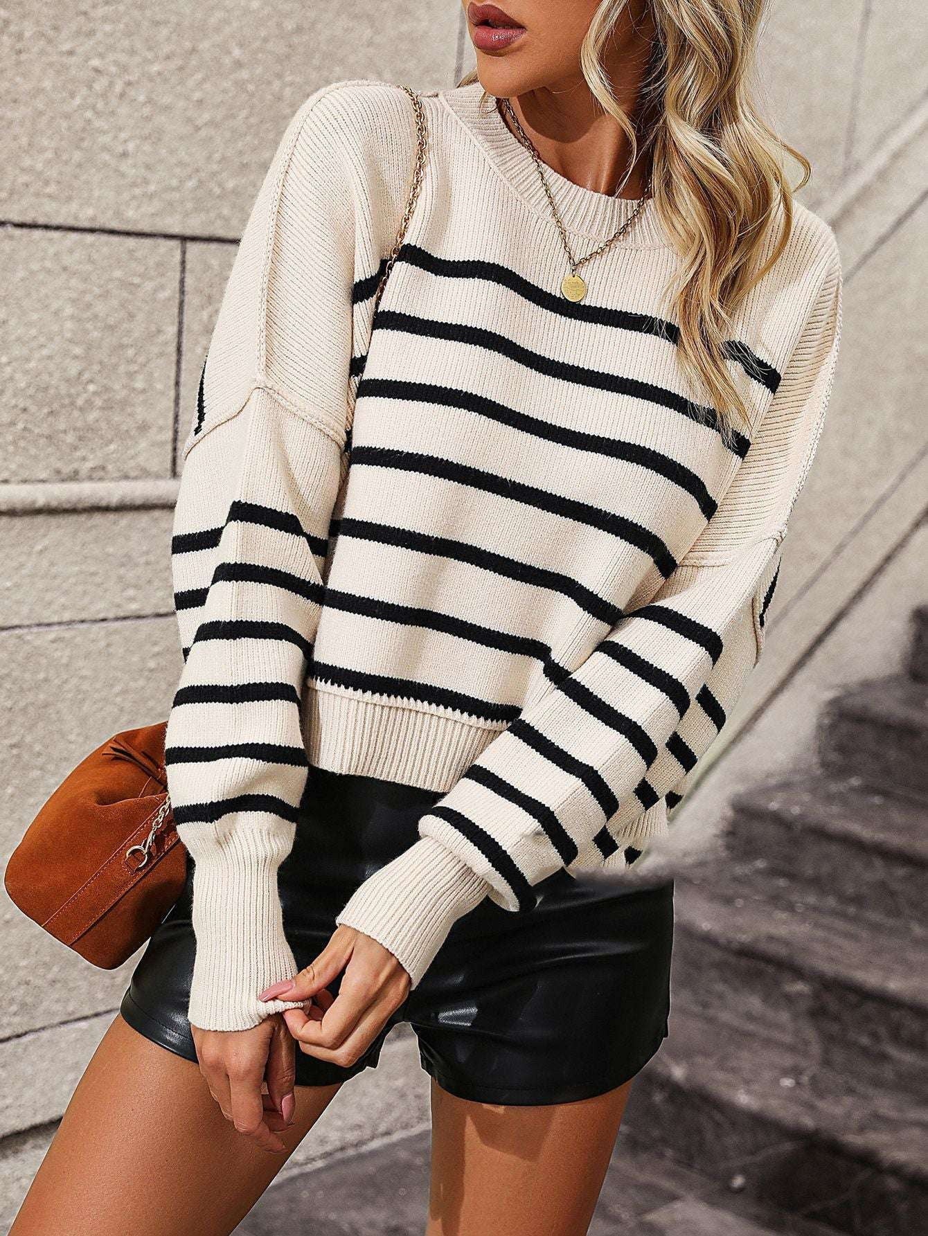 Fashion Knit Sweater, Loose Fit Sweater., Women's Stripe Pullover - available at Sparq Mart