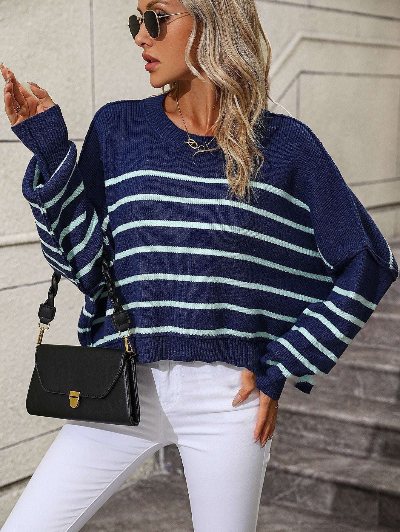 Fashion Knit Sweater, Loose Fit Sweater., Women's Stripe Pullover - available at Sparq Mart