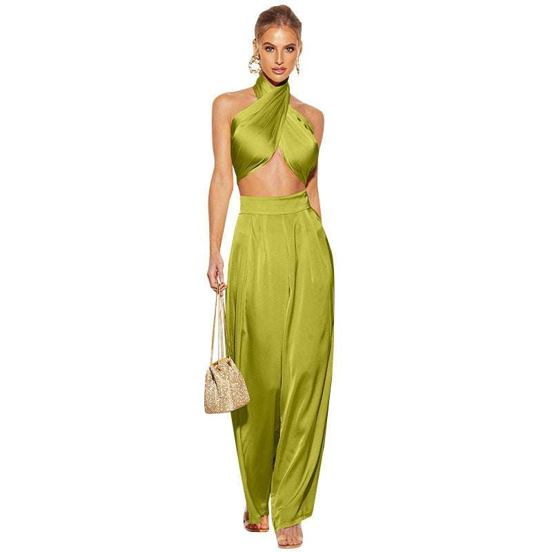 Fashionable Halter Combo, Summer Tube Top, Wide-Leg Suit Set - available at Sparq Mart