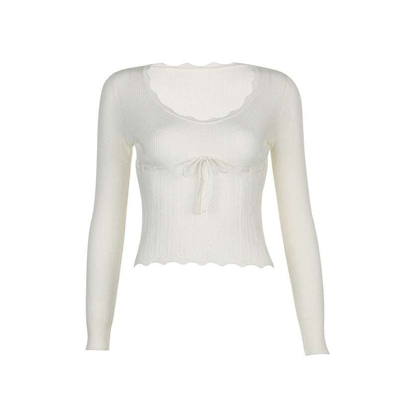 Long Sleeve Woolen Top, Square Collar Woolen Top, White Woolen Crop Top - available at Sparq Mart