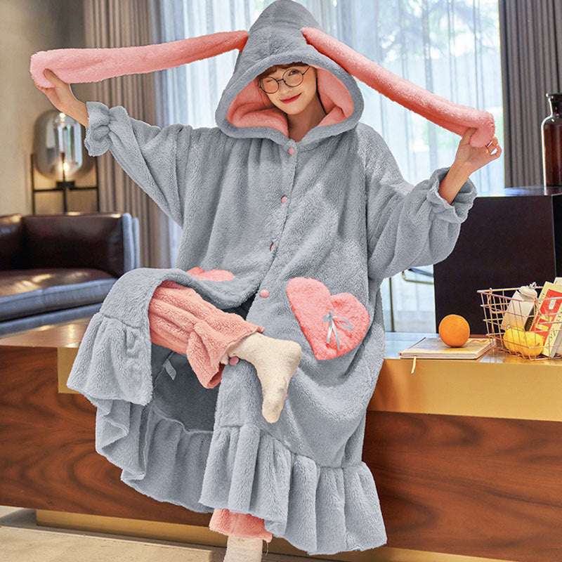 Coral Fleece Homewear, Fleece Hooded Nightgown, Long Ears Homewear - available at Sparq Mart