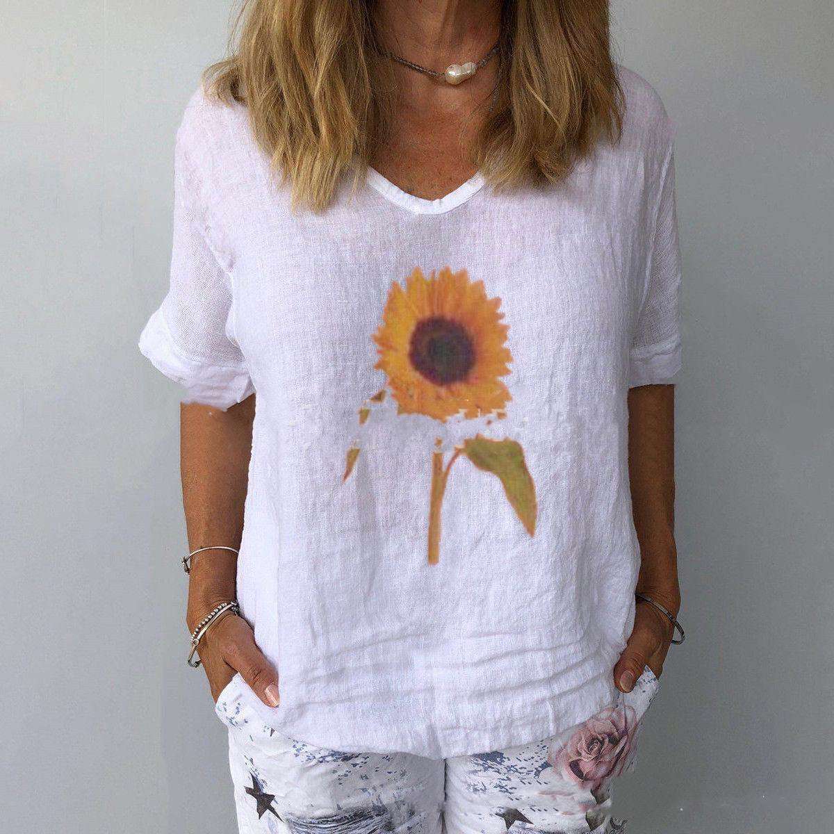 Cotton linen top, Loose fit top, Sunflower print top - available at Sparq Mart