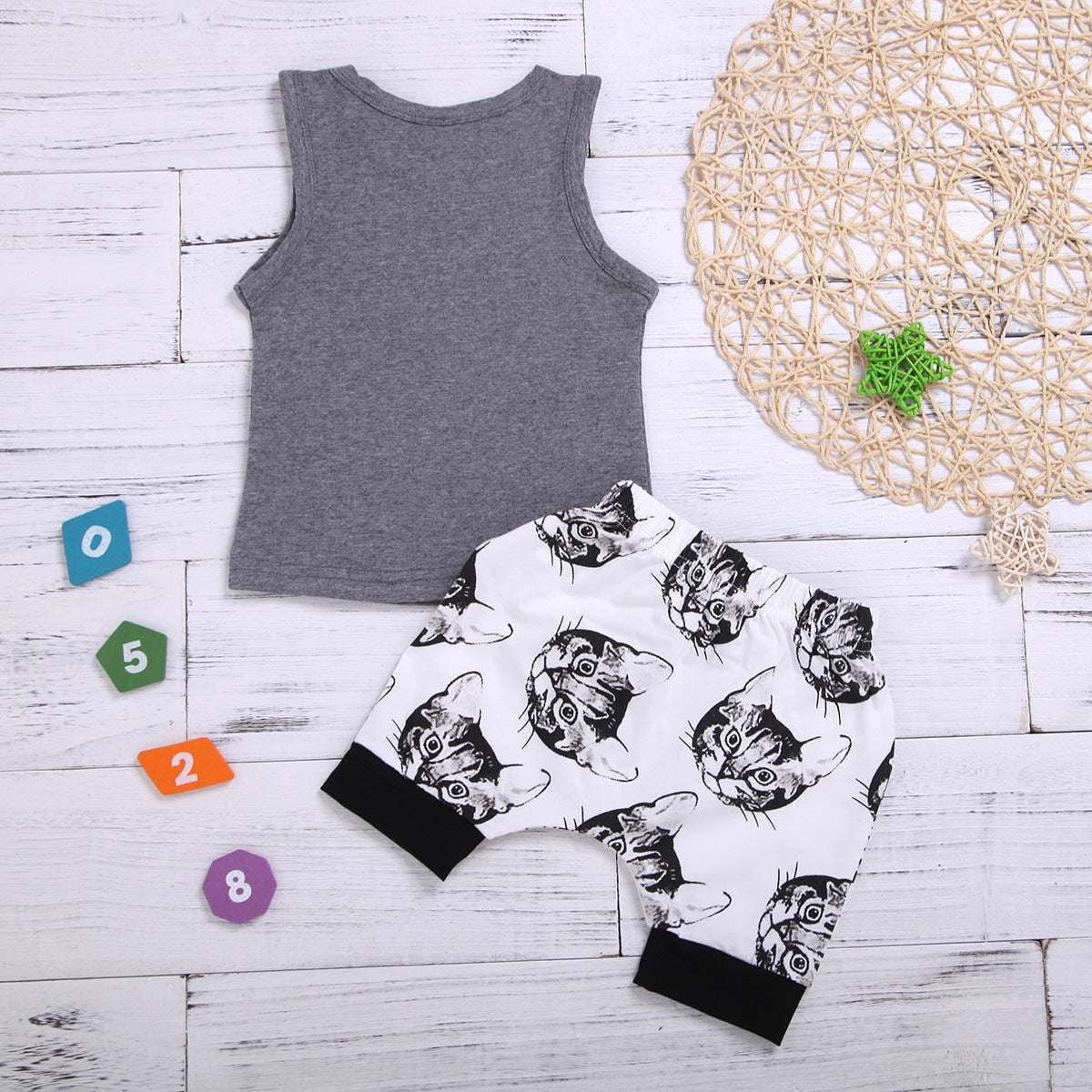Cat Print Bottoms, Kids Cotton Outfit, Printed Sleeveless Top - available at Sparq Mart