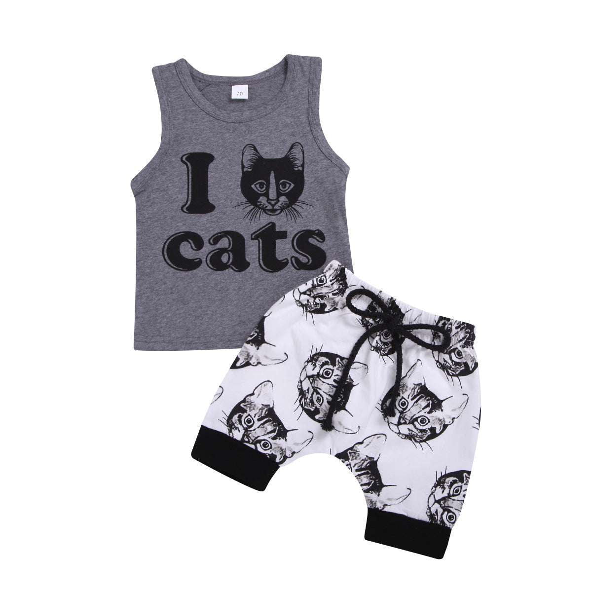 Cat Print Bottoms, Kids Cotton Outfit, Printed Sleeveless Top - available at Sparq Mart