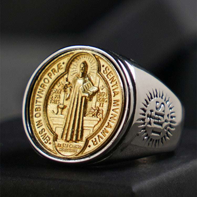 Christian Symbolism Jewelry, Men's Religious Ring, Titanium St. Benedict Ring - available at Sparq Mart