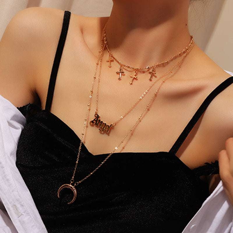 Alloy Cross Pendant, Elegant Crescent Necklace, Women's Clavicle Chain - available at Sparq Mart