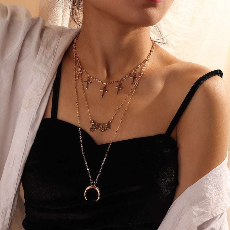 Alloy Cross Pendant, Elegant Crescent Necklace, Women's Clavicle Chain - available at Sparq Mart