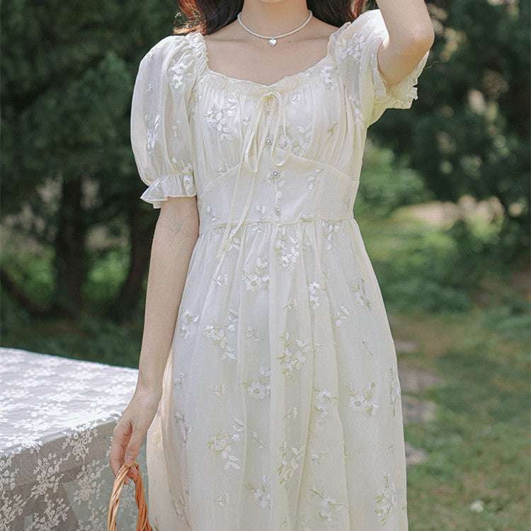 Chiffon Square Neck, Embroidered Waist Dress, Sweet Style Dress` - available at Sparq Mart