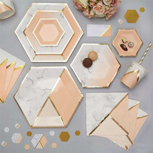 Disposable Party Plates, Elegant Paper Tableware, Hexagon Paper Cups - available at Sparq Mart