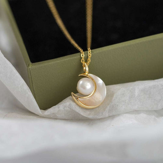 Elegant Moon Pendant Necklace, Gold Pearl Necklace Women, Vintage Style Pearl Jewelry - available at Sparq Mart