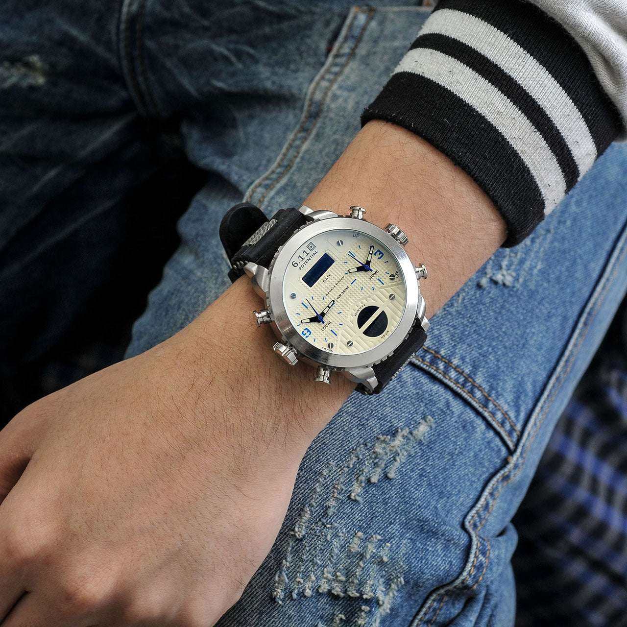 electronic movement wristwatch, luminous display timepiece, men's leather chronograph - available at Sparq Mart