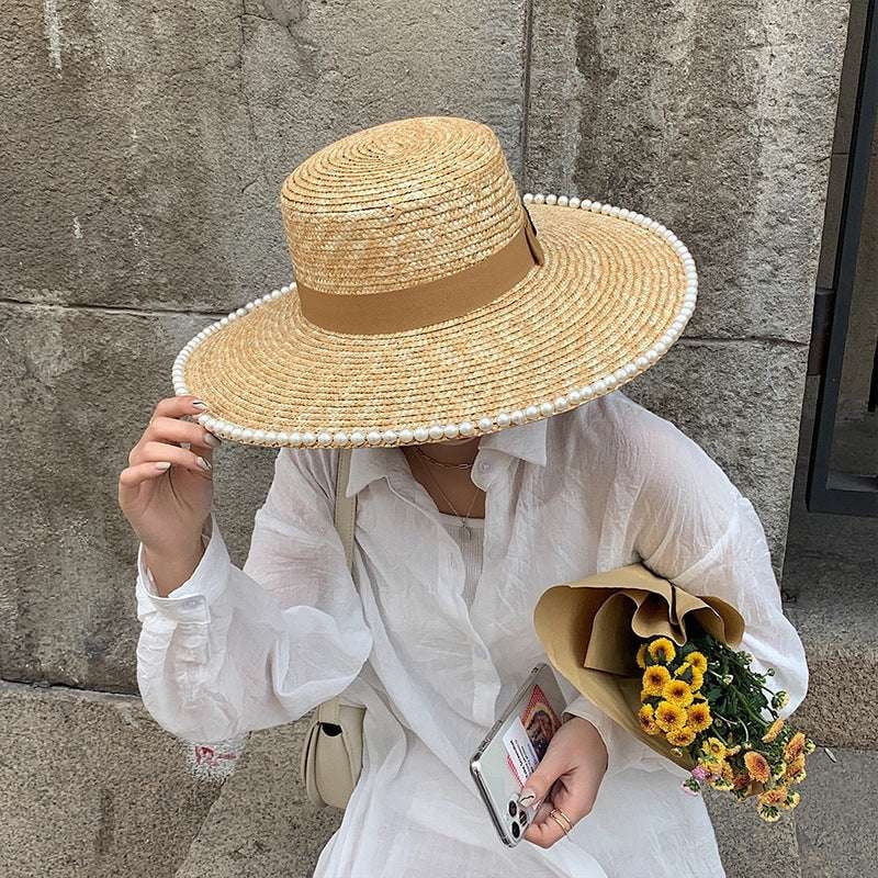 Elegant Straw Hat, Natural Big Brim, Pearl Adorned Hat - available at Sparq Mart