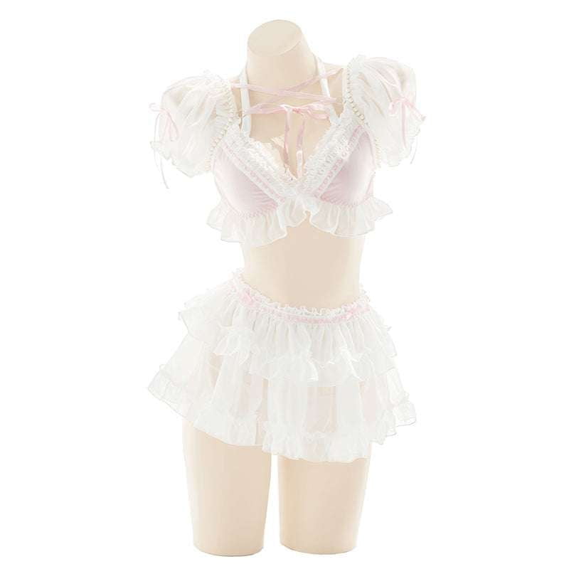 Chic White Lingerie, Pearl Lingerie Set, Sweetheart Skirt Underwear - available at Sparq Mart