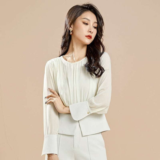 Chic Temperament Shirt, Elegant Pleated Top, Women's Round Neck - available at Sparq Mart