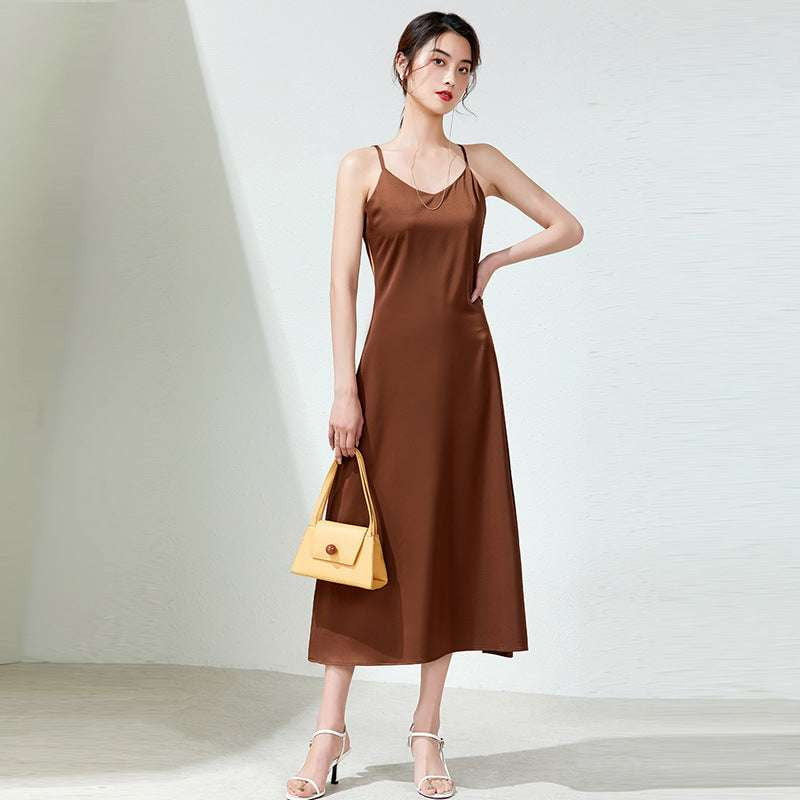 Elegant Women's Sling Dress, Satin Maxi Evening Dress, Sleeveless Satin Long Skirt - available at Sparq Mart